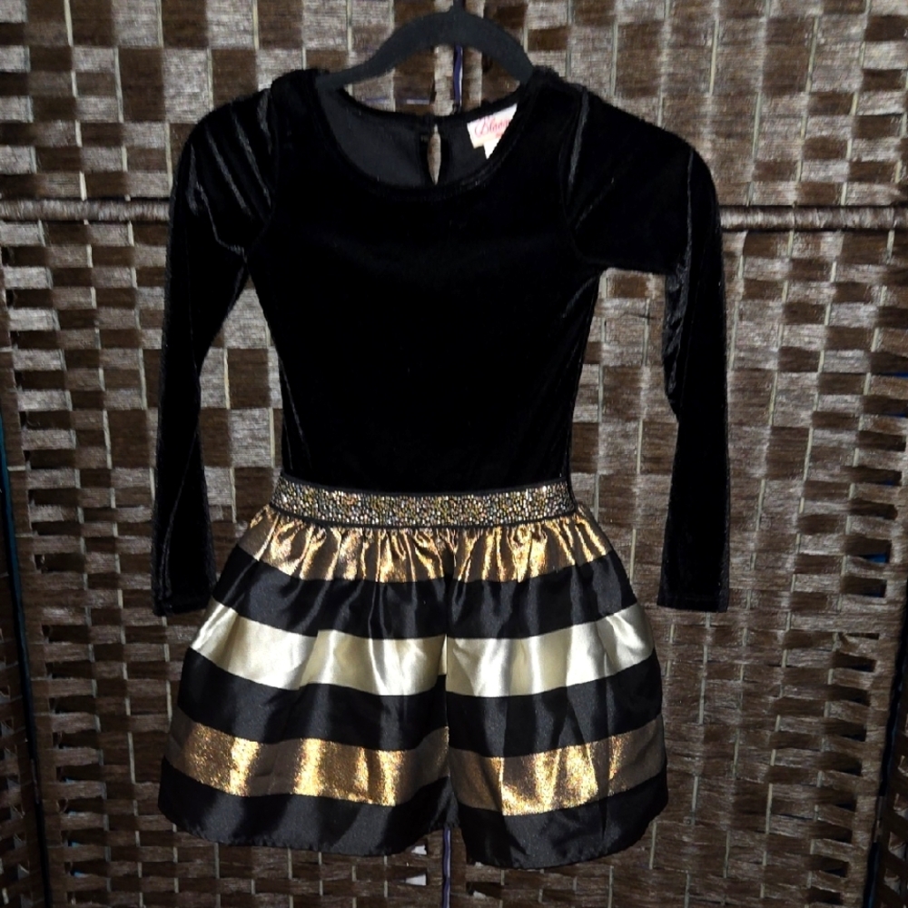 Chic Velvet and Gold Striped Kids Dress